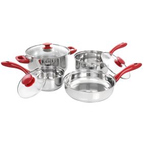 7 Piece Stainless Steel Cookware Set - Chrome with Red Handles