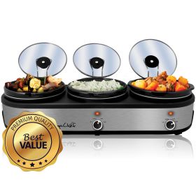 Triple 2.5 Quart Slow Cooker and Buffet Server in Brushed Silver and Black