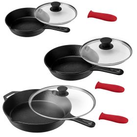 Pre-Seasoned 9 Piece Cast Iron Skillet Set with Lids and Silicone Holders