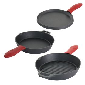 Pre-Seasoned Cast Iron Pan Set with Red Silicone Holders