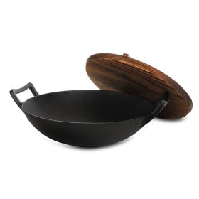 2 Piece Heavy Duty Cast Iron Wok with Wood Lid