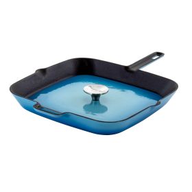 11 Inch Square Enamel Cast Iron Grill Pan with Matching Grill Press - Blue