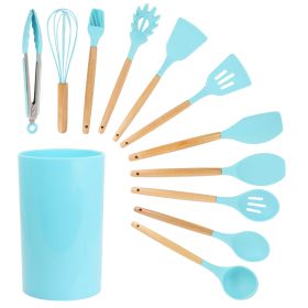 Silicone Cooking Utensils With Wood Handles 12 pc Set Light Teal