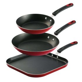 3 Piece Aluminum Non-stick Fry Pan and Griddle Set - Metallic Red