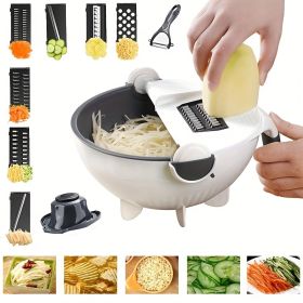 9 in 1 Multifunctional Cutting and Draining Basket for Vegetables with Household Potato Shredder - Kitchen Tool - White