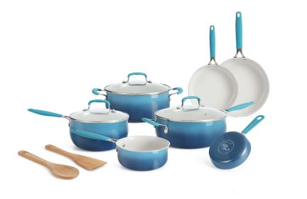 12-Pieces Porcelain Enamel Ceramic Cookware Set - Teal Or Gray (Color: Blue)